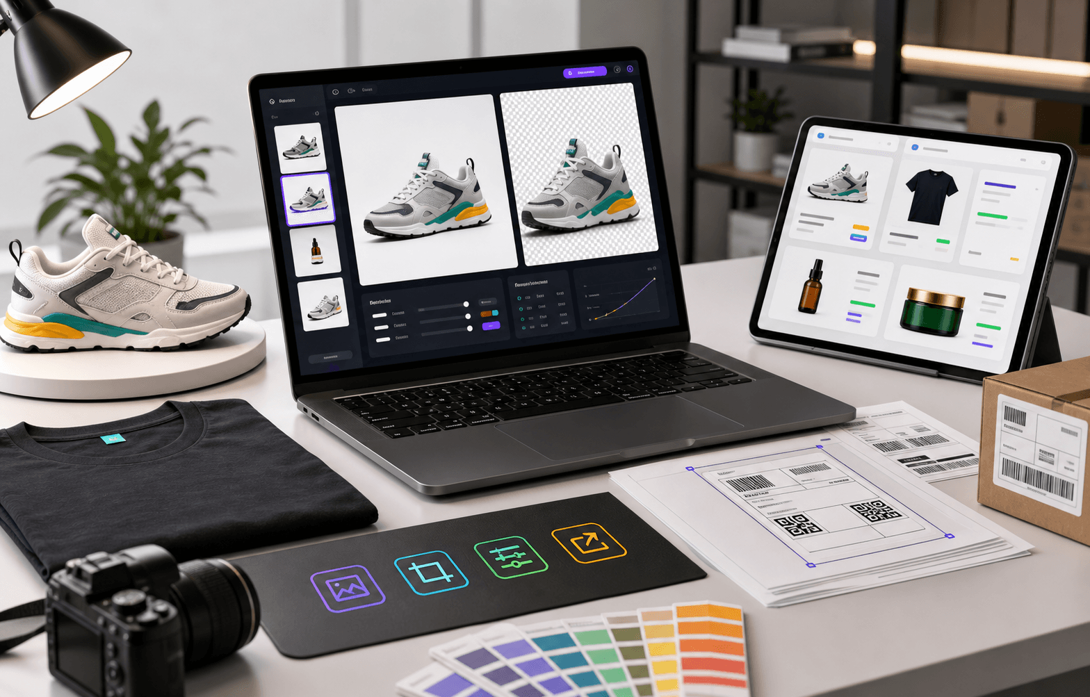 AIPixer workspace showing product image editing, listing preparation, and courier label cropping